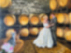 Finished live painting of bride and groom and their two cats in a whiskey cellar 