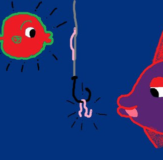 Digital drawing of two fish looking at a worm on a hook