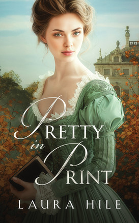 A girl in a green dress holding a book, with a house in the background