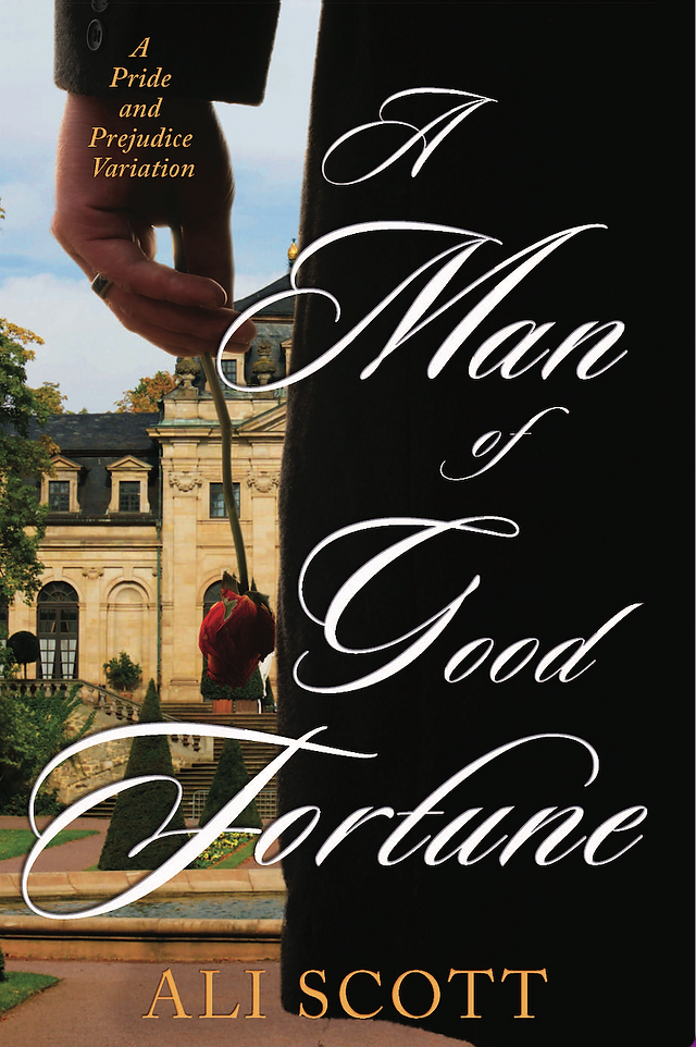A man's arm and coat, his hand holding a rose, with a mansion in the background