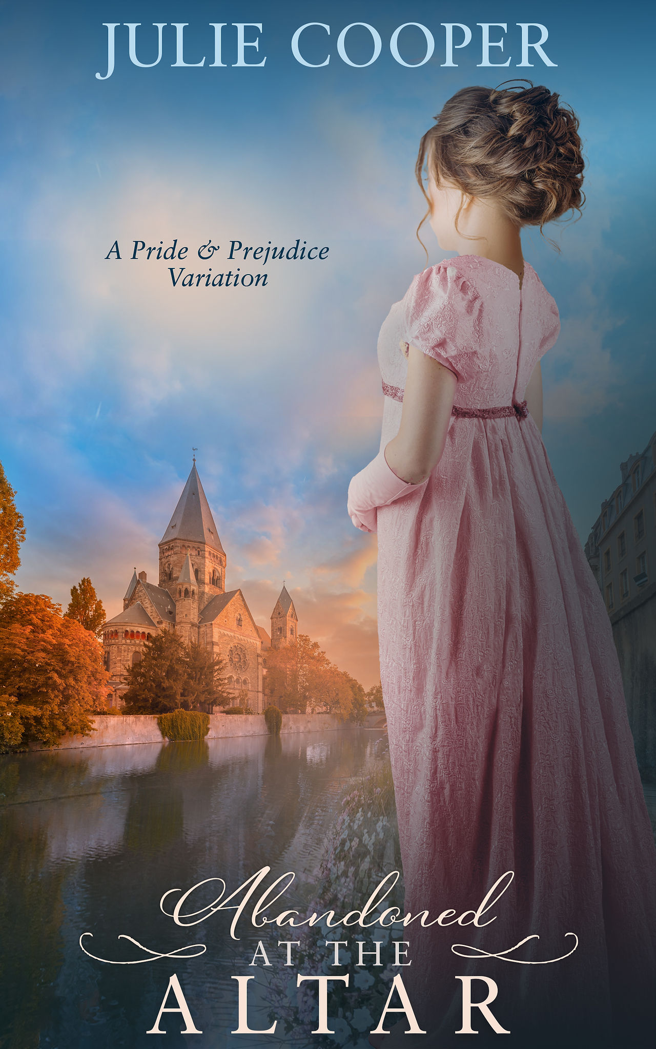 A girl in pink gown, with her back to the reader, and a church in the background