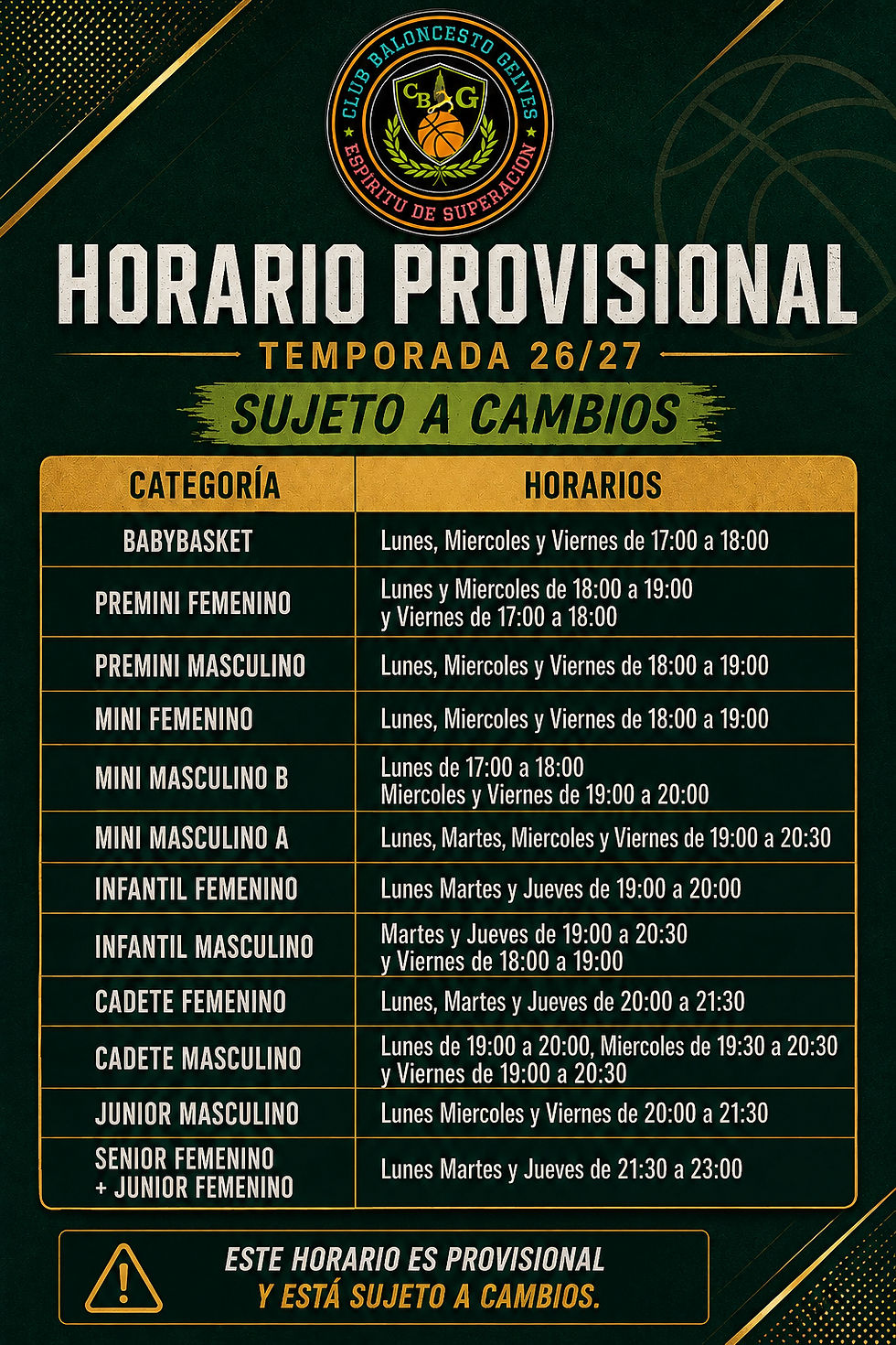 CALENDARIO PROVISIONAL DE ENTRENAMIENTOS - TEMPORADA 2026/2027