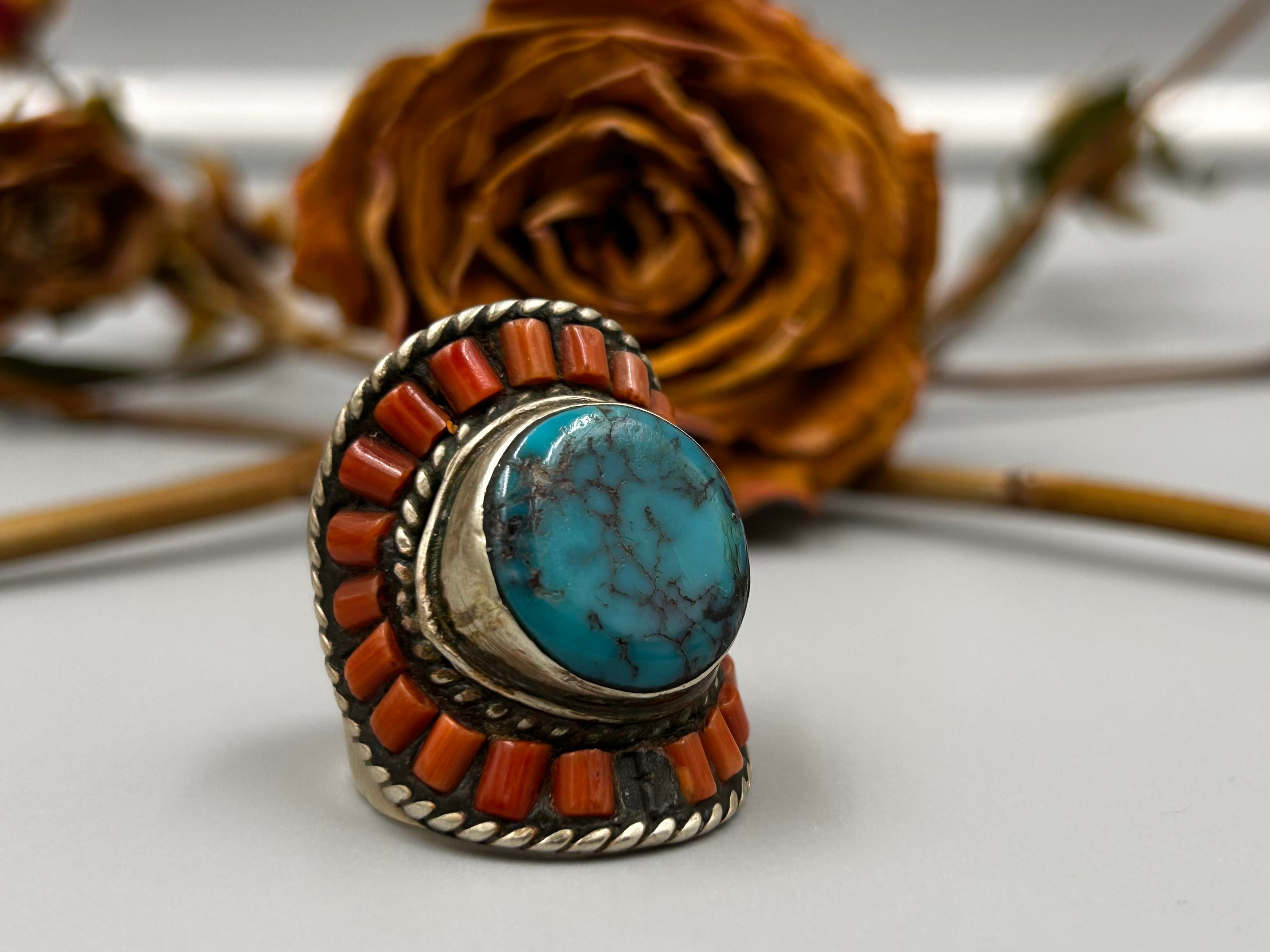 Antique Tibetan-silver Ring set with Turquoise and Red Coral 老藏银戒指镶嵌绿松石与珊瑚