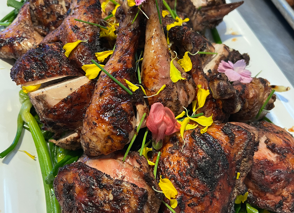 roasted chicken served for dinner at a luxury wedding in napa valley.