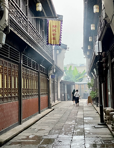 Traditional Chinese alley with lanterns and banners in China, Asia
