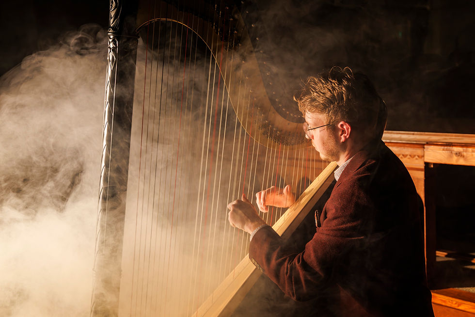 Sander Bos speelt harp te midden van rook. Donkere achtergrond, warm licht benadrukt instrument en concentratie. Rustige, sfeervolle setting.