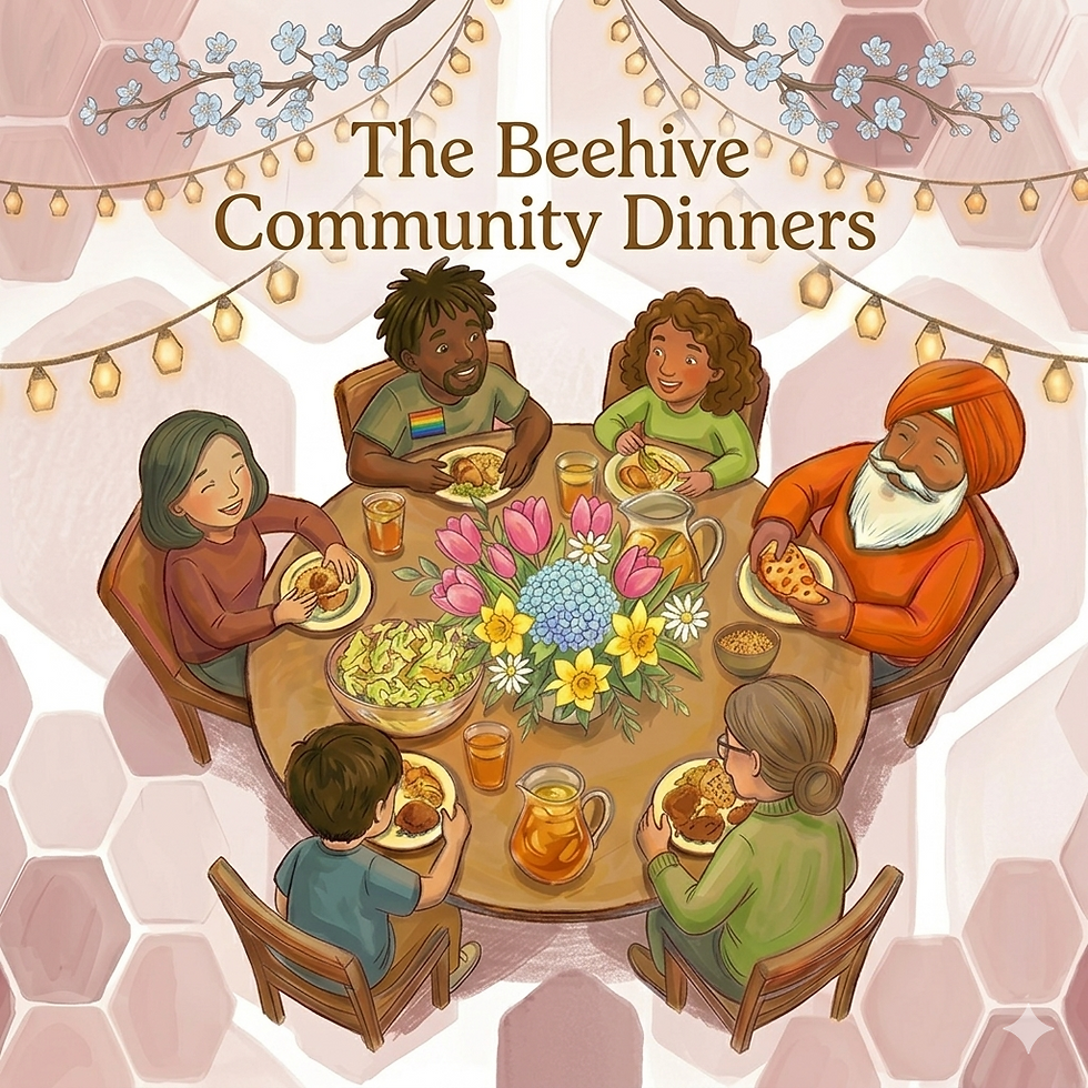 A diverse group enjoys dinner at a round table with flowers. Text reads "The Beehive Community Dinners." Warm setting, cheerful mood.