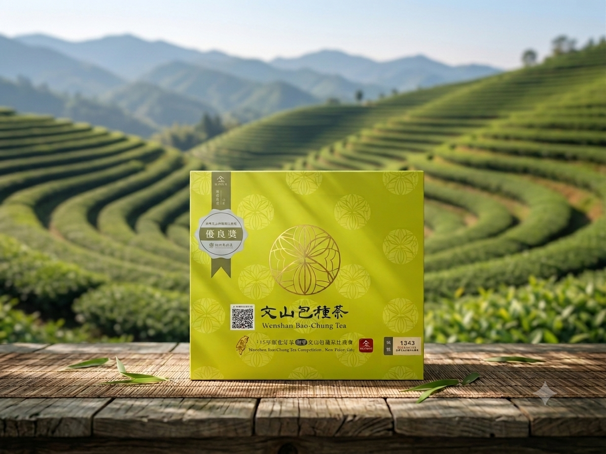 Award-winning WenShan Pouchong Oolong with jade green twisted leaves.