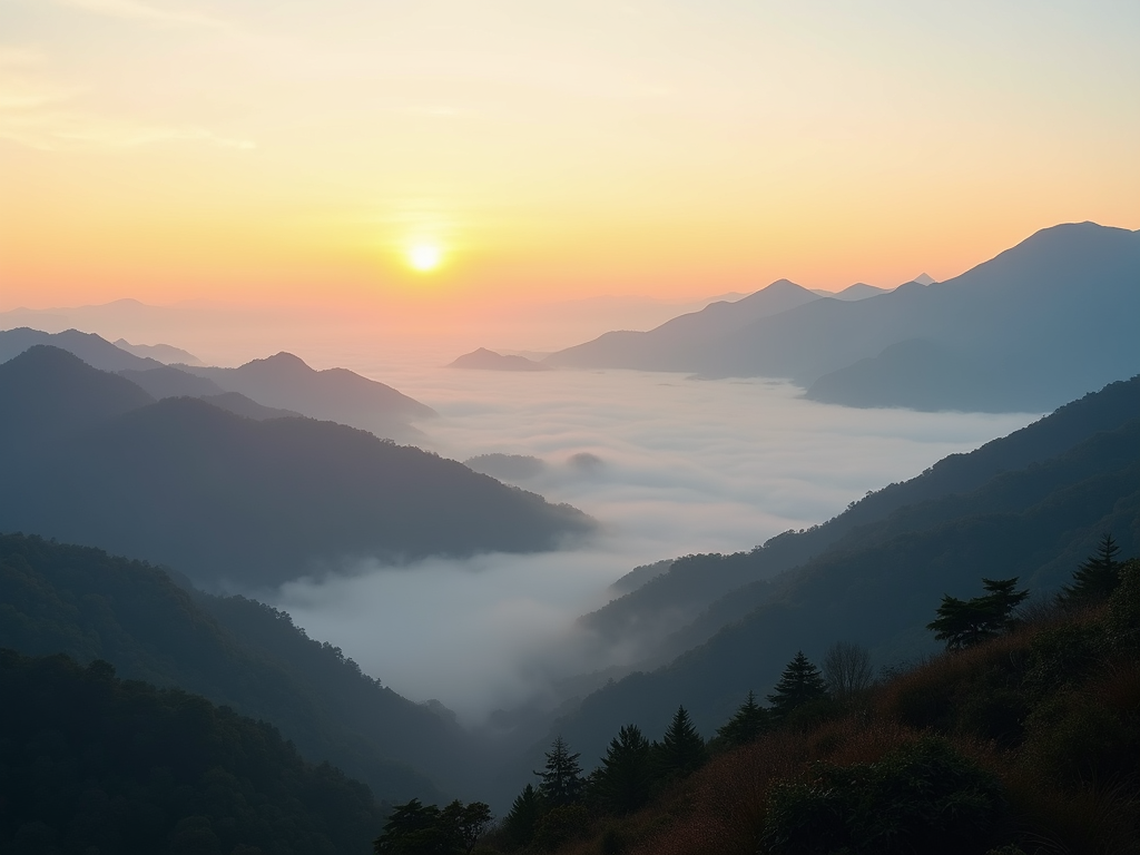 Panoramic view of misty Alishan mountains in Taiwan during early morning sunrise.