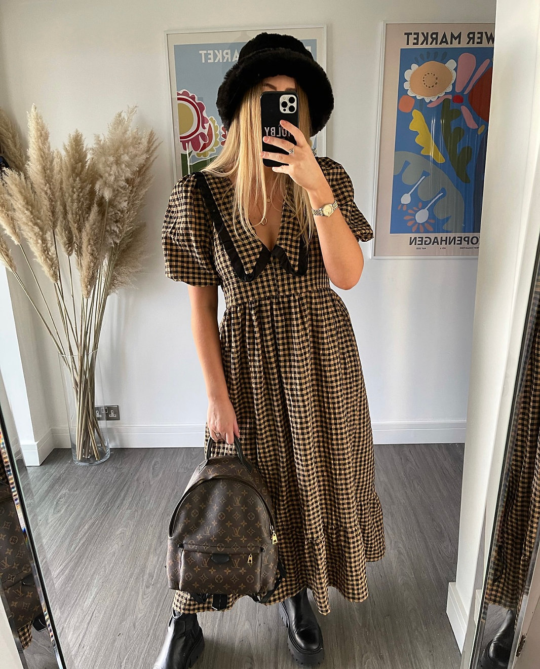 Molby The Label Bertie black & camel seersucker puff sleeve Dress, £145