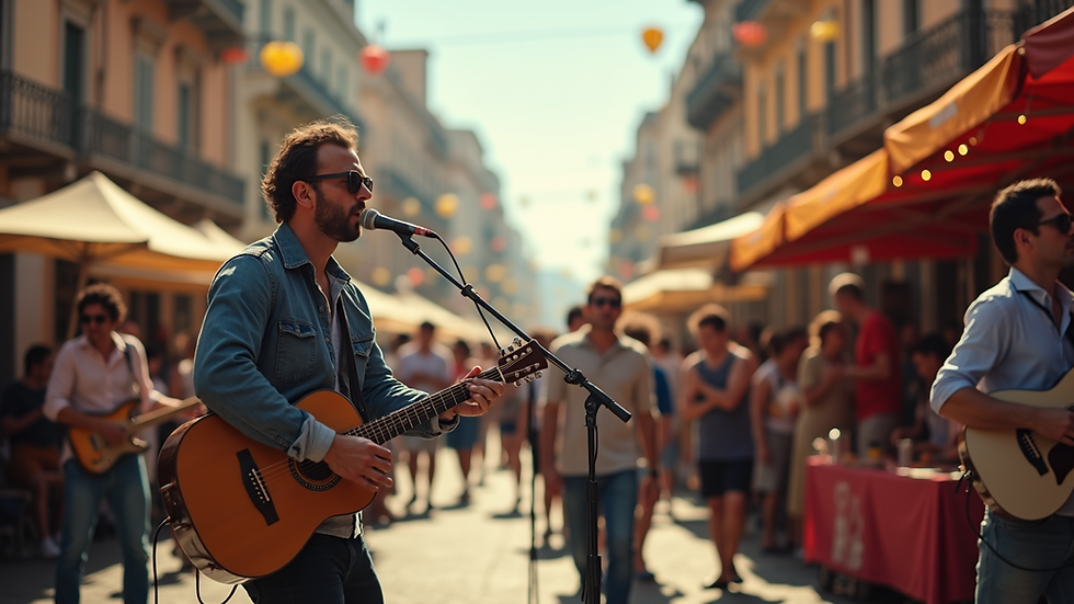 Eye-level view of a vibrant street festival with musicians performing
