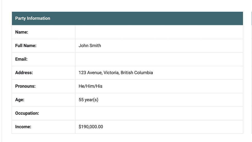 Example of client inputs on Divii for Lawyers