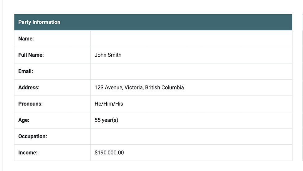 Example of client inputs on Divii for Lawyers