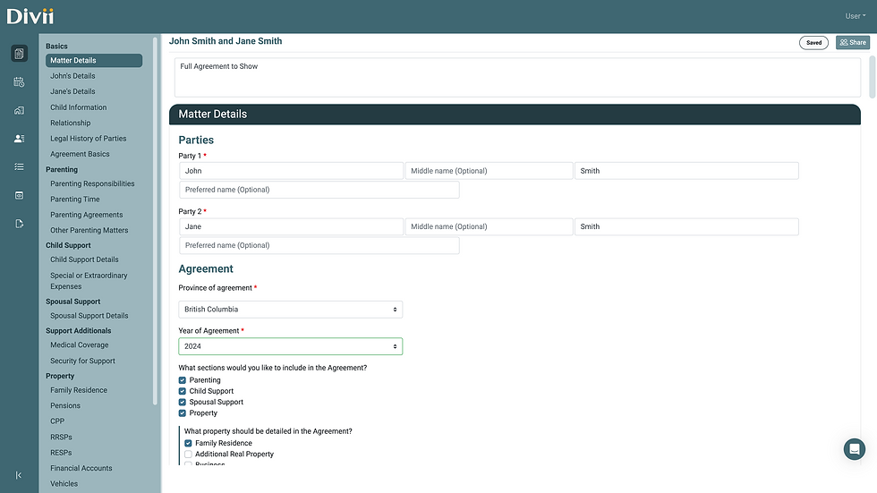 Example of Matter Details section in Divii for Lawyer's Separation Agreement Builder.