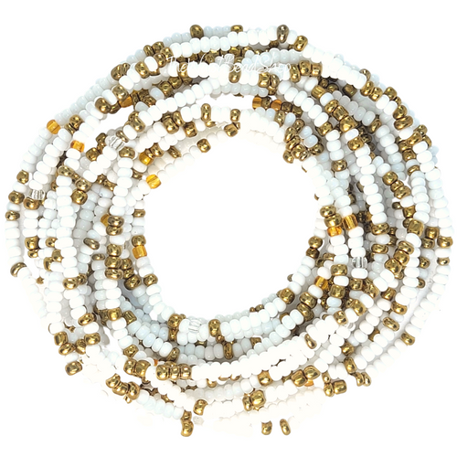 White with gold waist beads