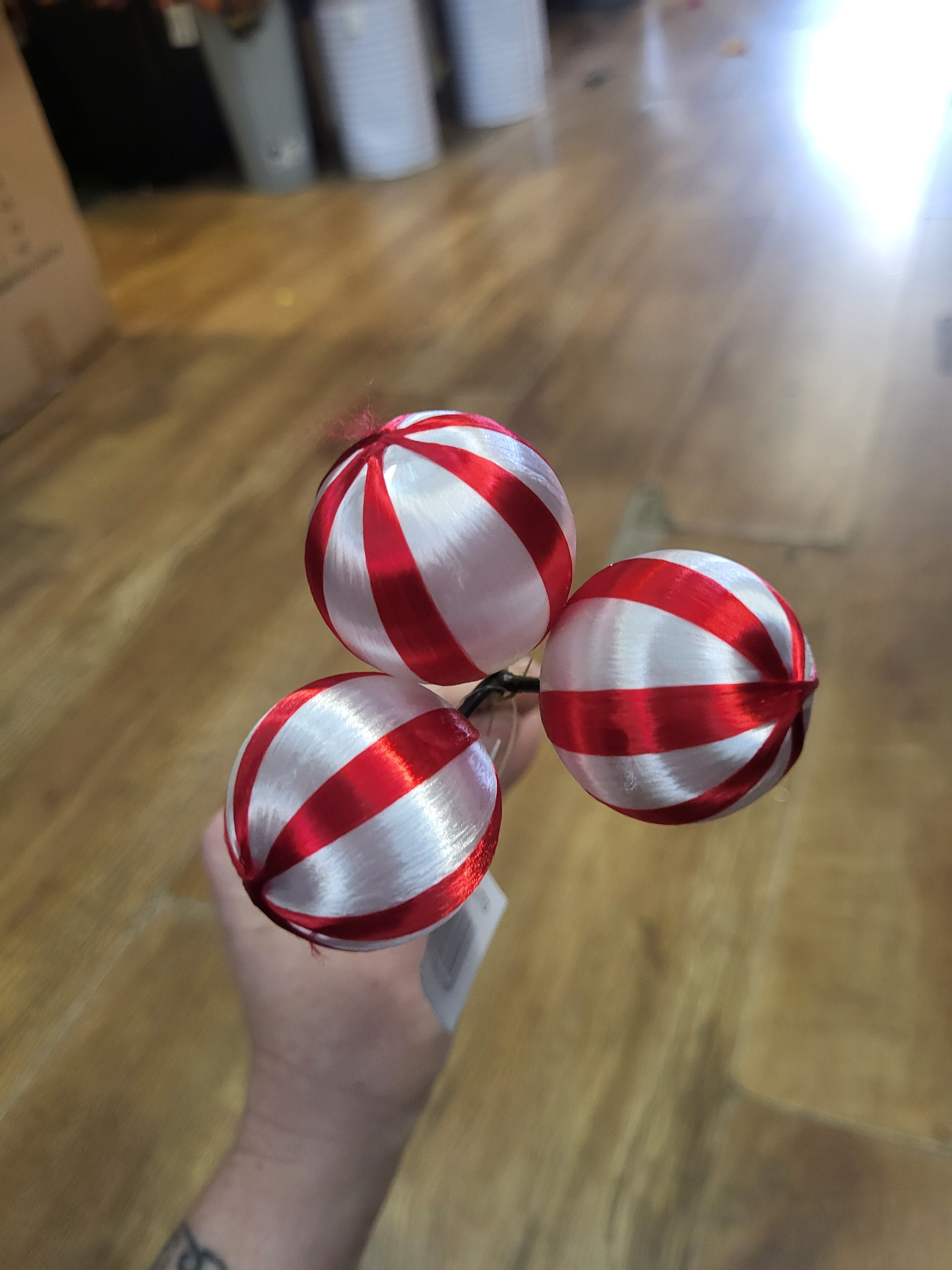 Red and white striped triple bauble pick 