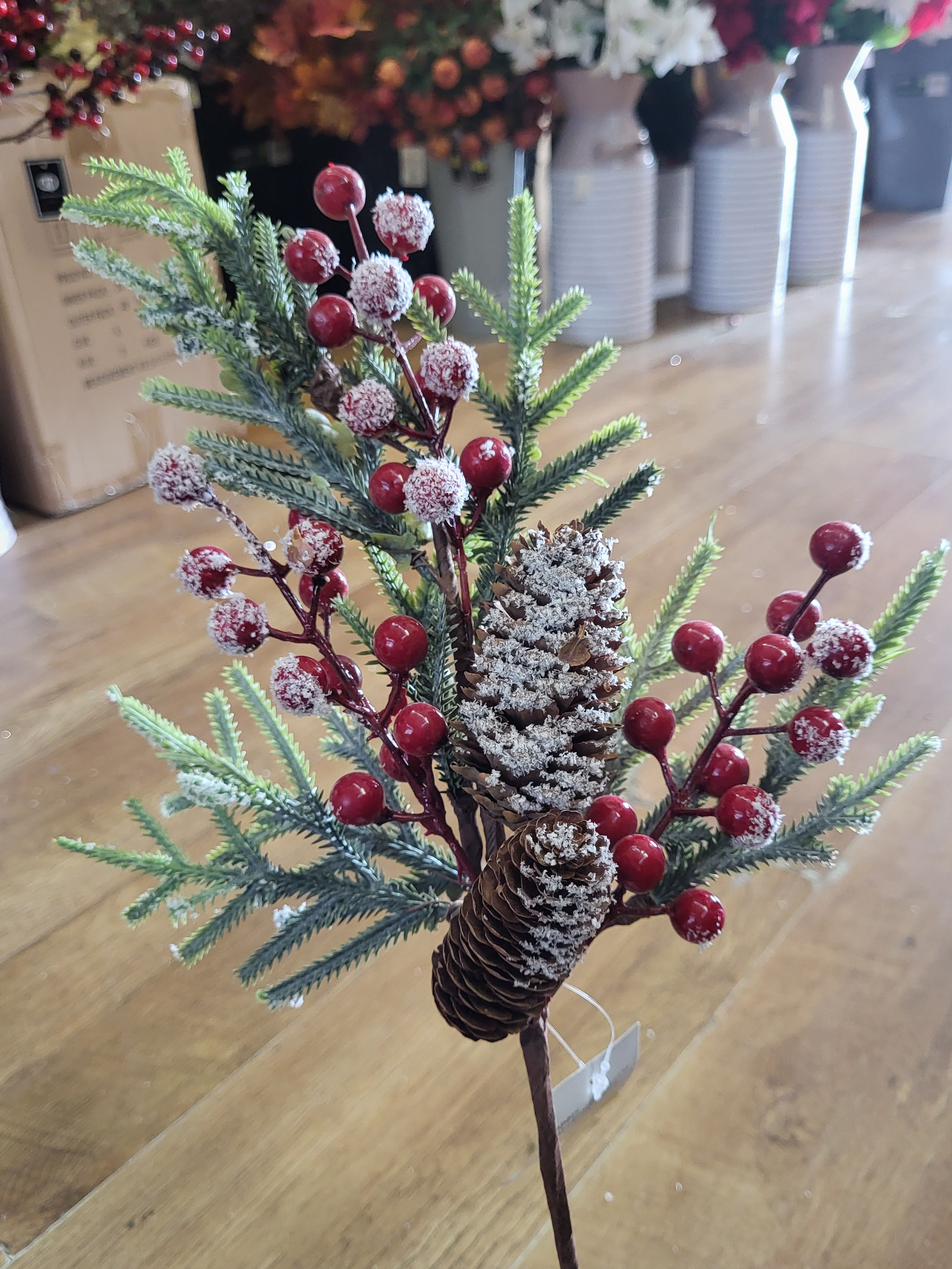Frosted cones and berries with foliage branch 