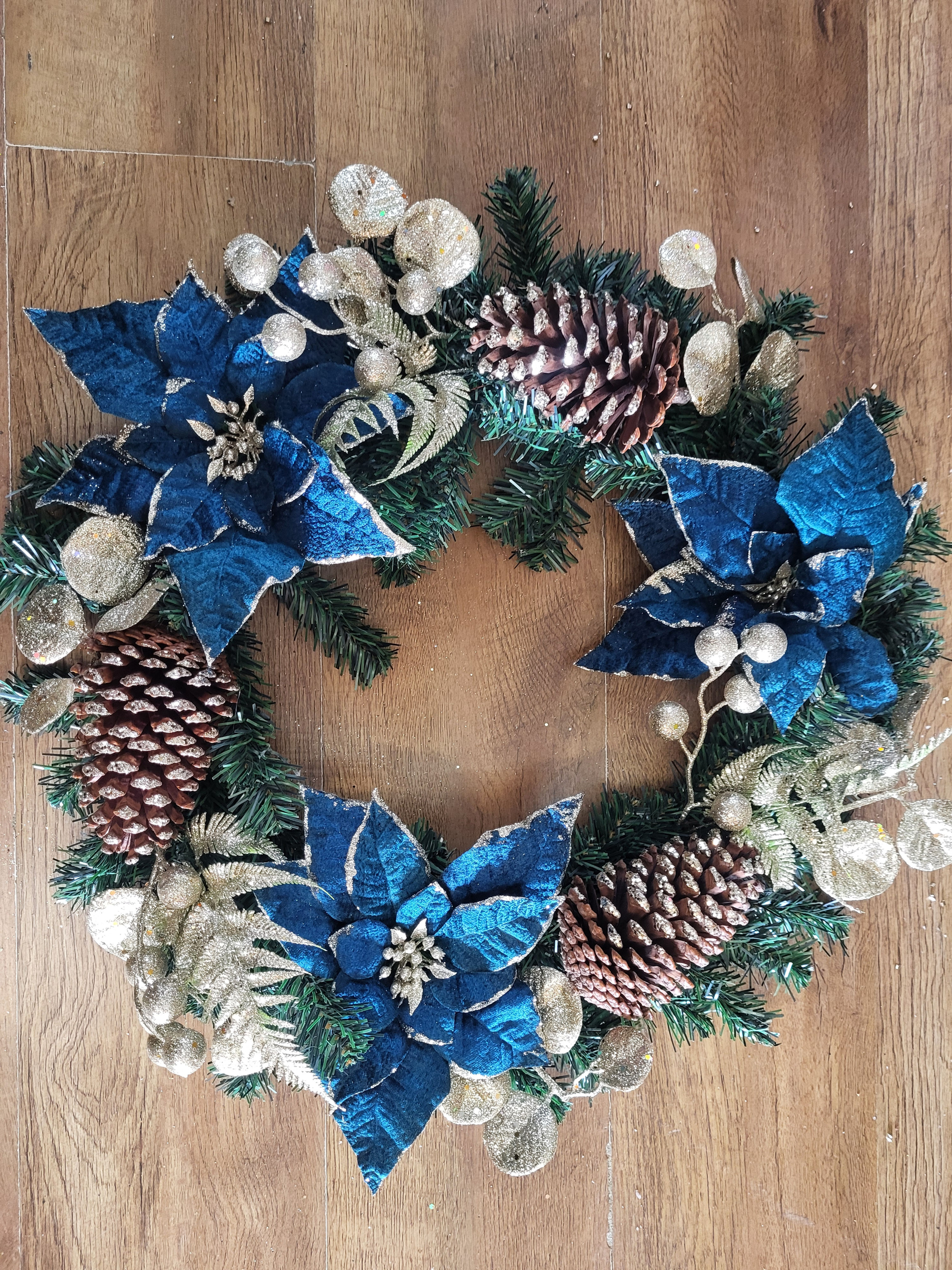 22 inch Luxury Wreath - velvet Teal Poinsettia and champagne gold cones/foliage 