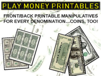 u s currency play money printable manipulatives all coins and bills lesson pieces