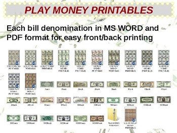 u s currency play money printable manipulatives all coins and bills lesson pieces