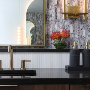 custom walnut vanity with cambria quartz countertop