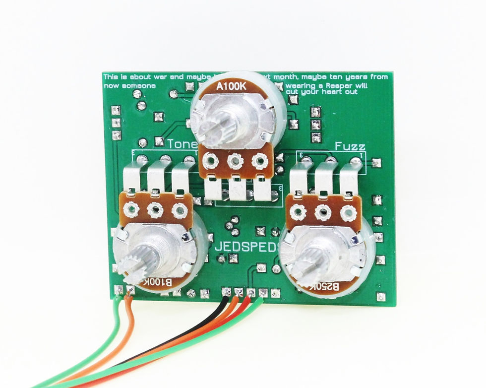 Thumbnail: front view of completed guitar pedal circuit board with 3 knob posts