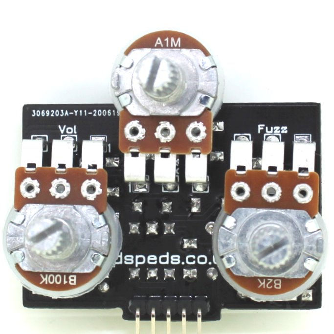 Thumbnail: front view of completed guitar pedal circuit board with knob posts