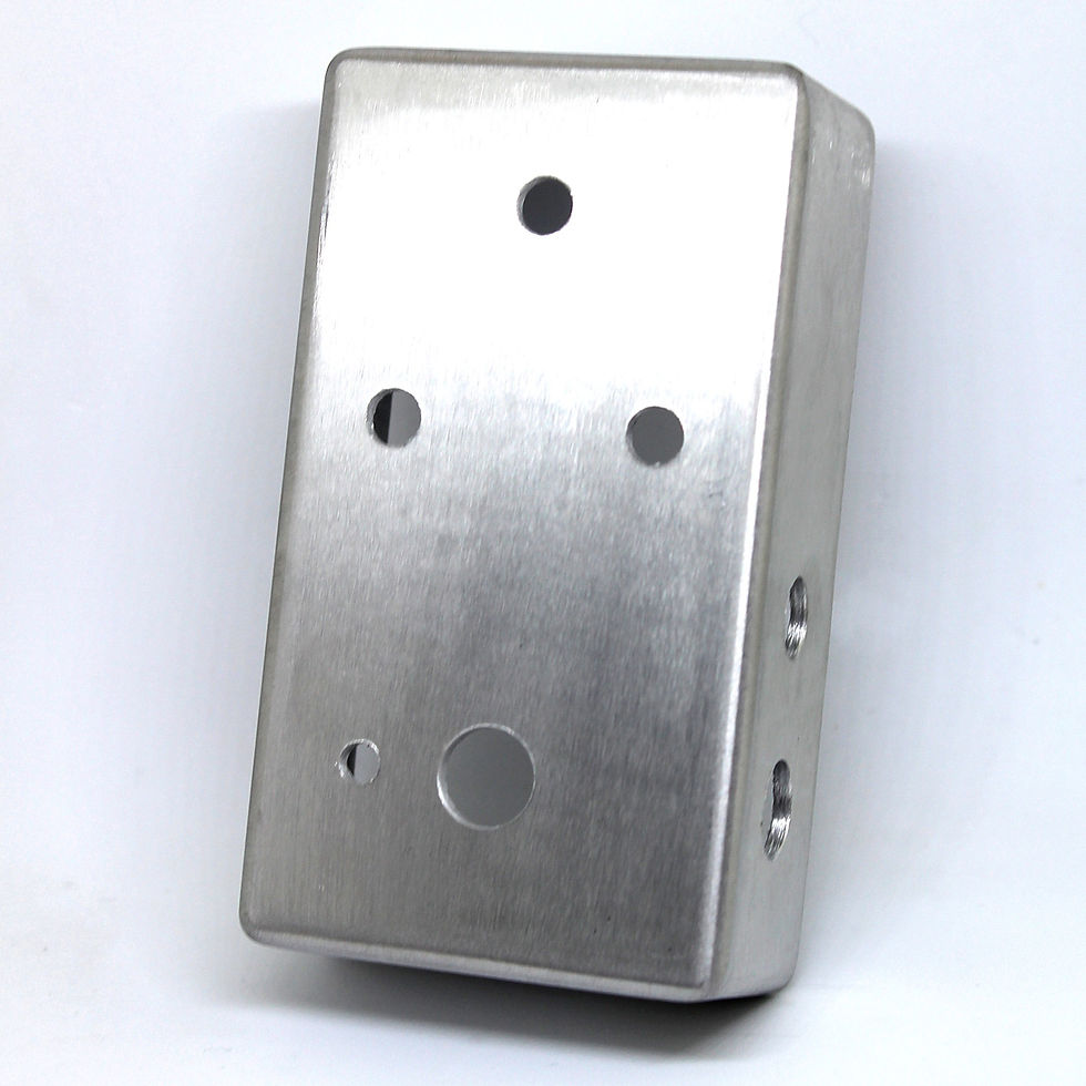 Thumbnail: front view of plain metal guitar pedal enclosure with 2 drill holes on the front and 2 holes on the side