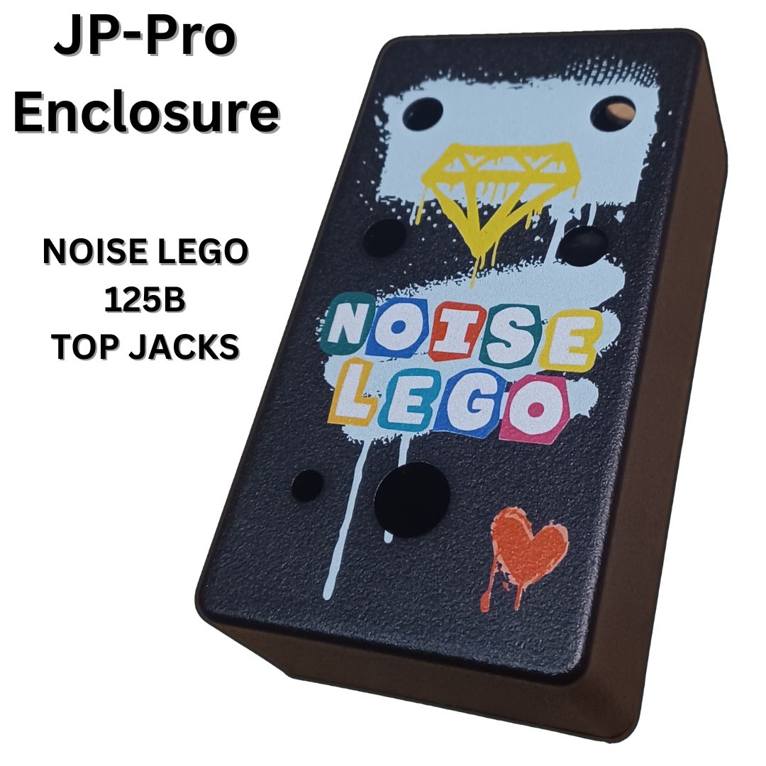 Drilled enclosure with a black textured paint finish and a decal with the words "Noise Lego"