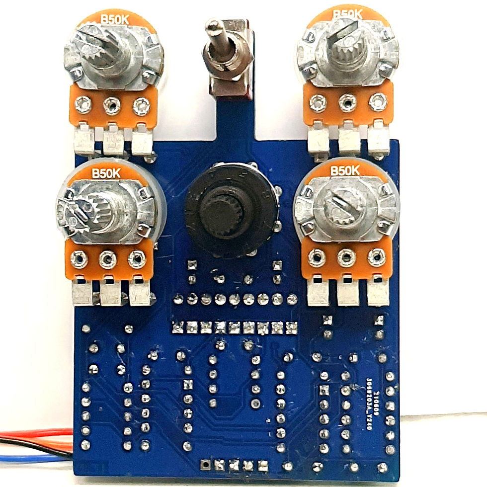 Thumbnail: front view of completed guitar pedal circuit board with knob posts