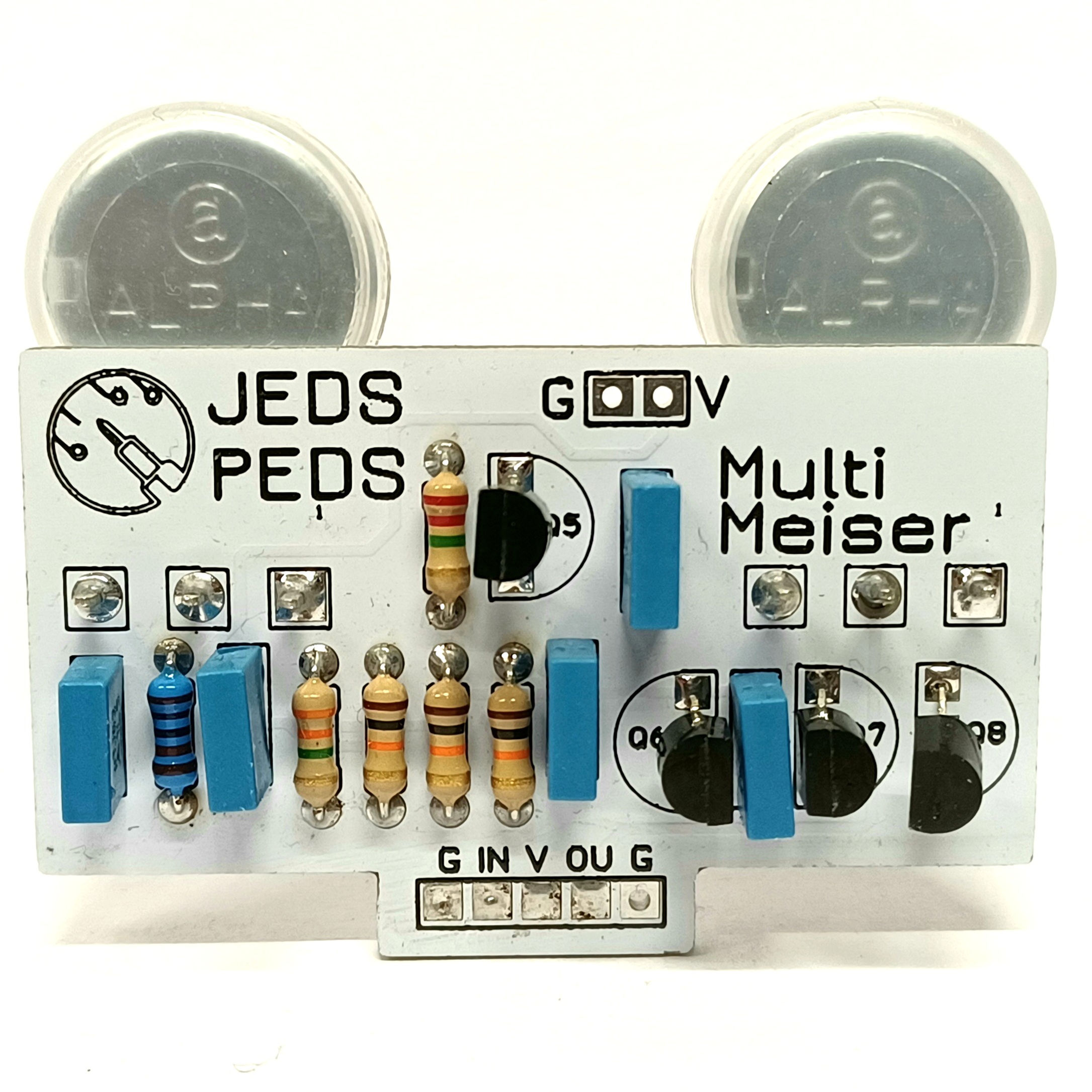 front view of completed guitar pedal circuit board