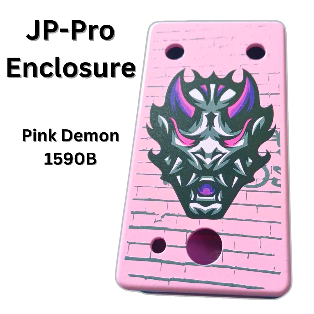 Drilled enclosure painted pink with a demon's face as a logo.