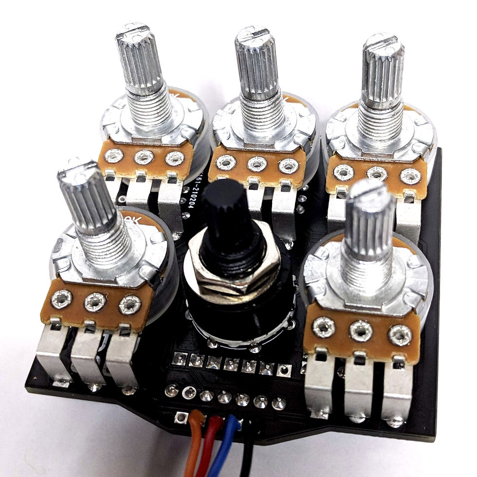 Thumbnail: front view of completed guitar pedal circuit board with knob posts