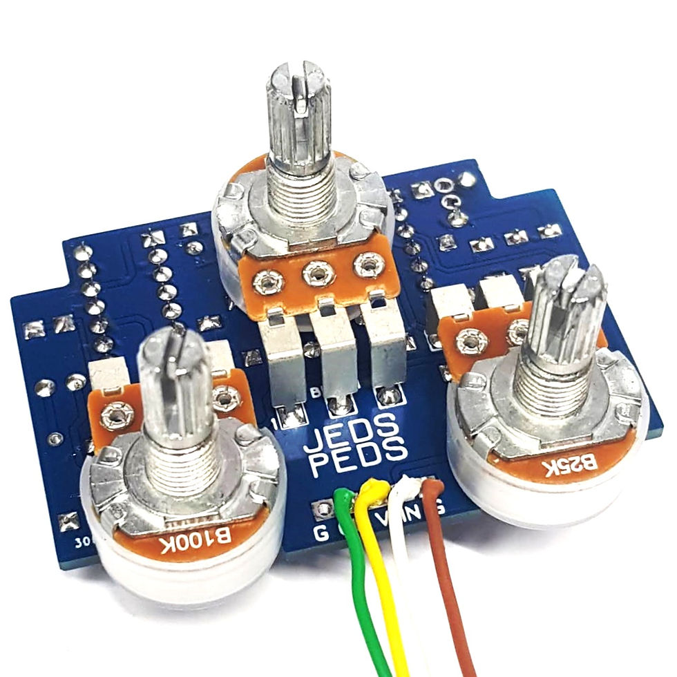 Thumbnail: front view of completed guitar pedal circuit board with knob posts
