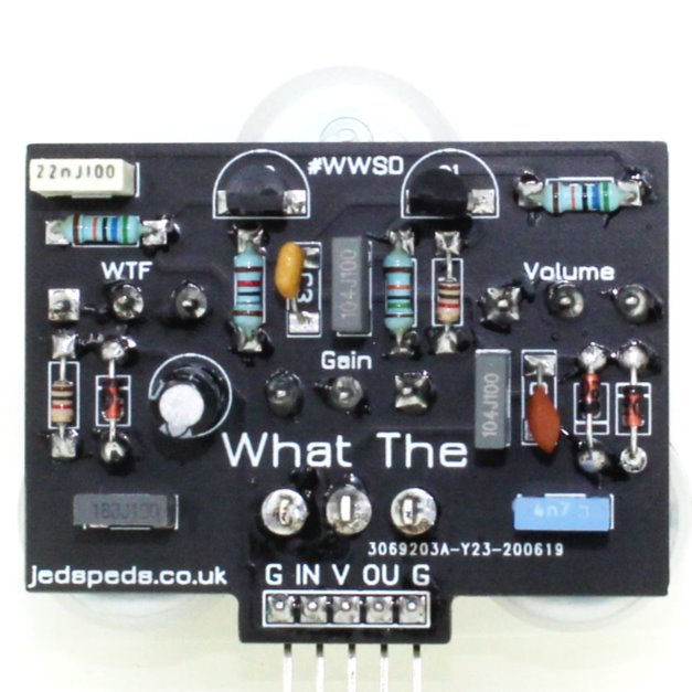 front view of completed guitar pedal circuit board