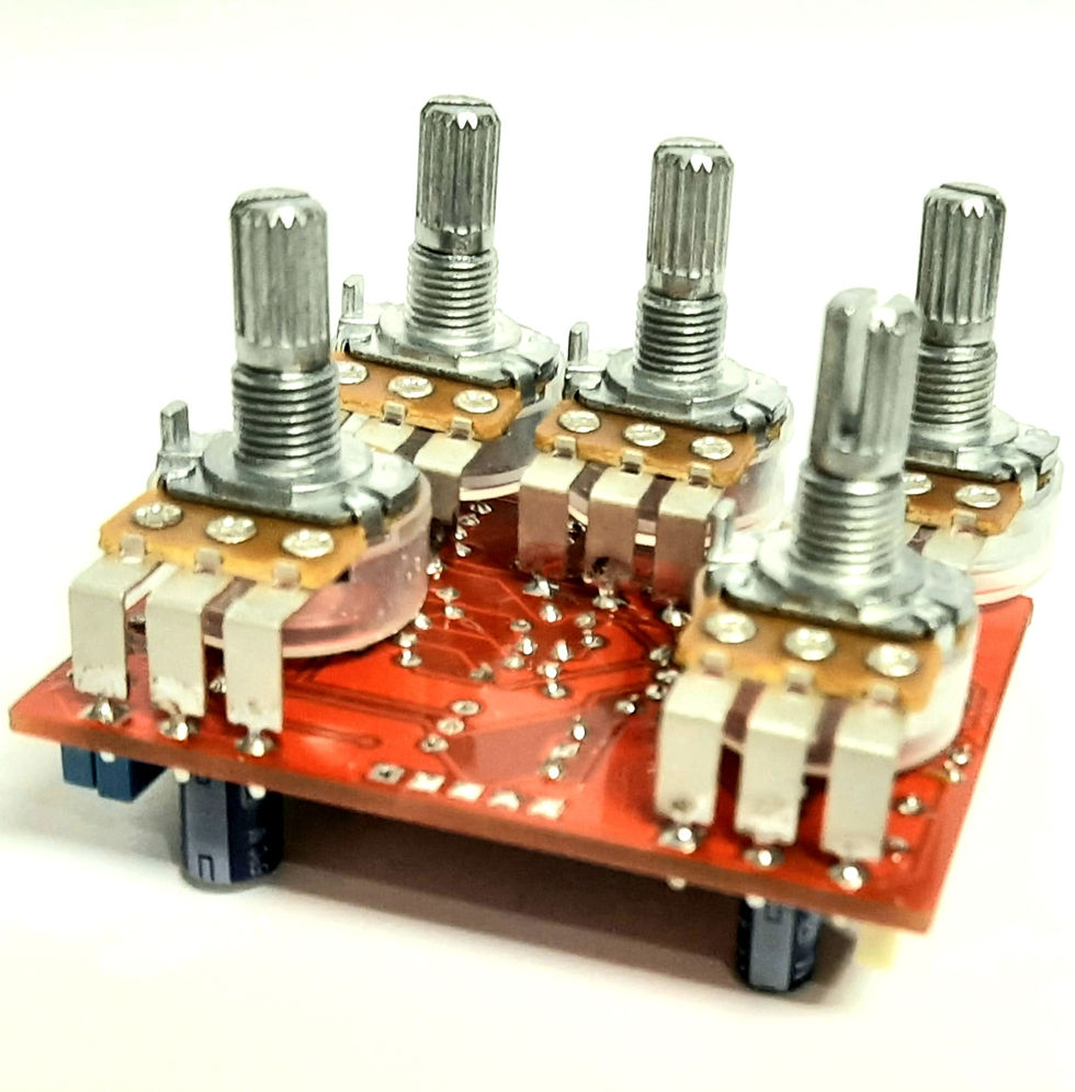 Thumbnail: front view of completed guitar pedal circuit board with knob posts