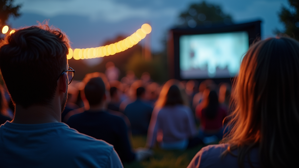 Wide angle view of outdoor movie screening with audience