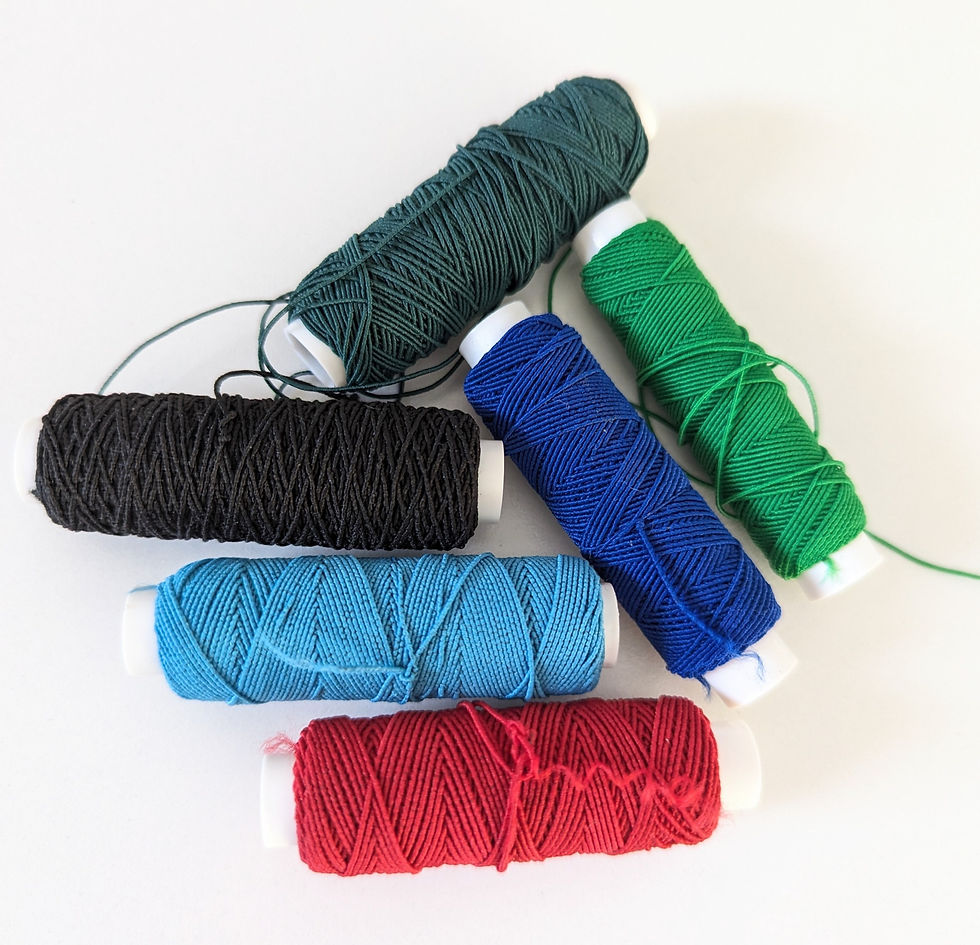 Six reels of shirring elastic on a white surface in various colours