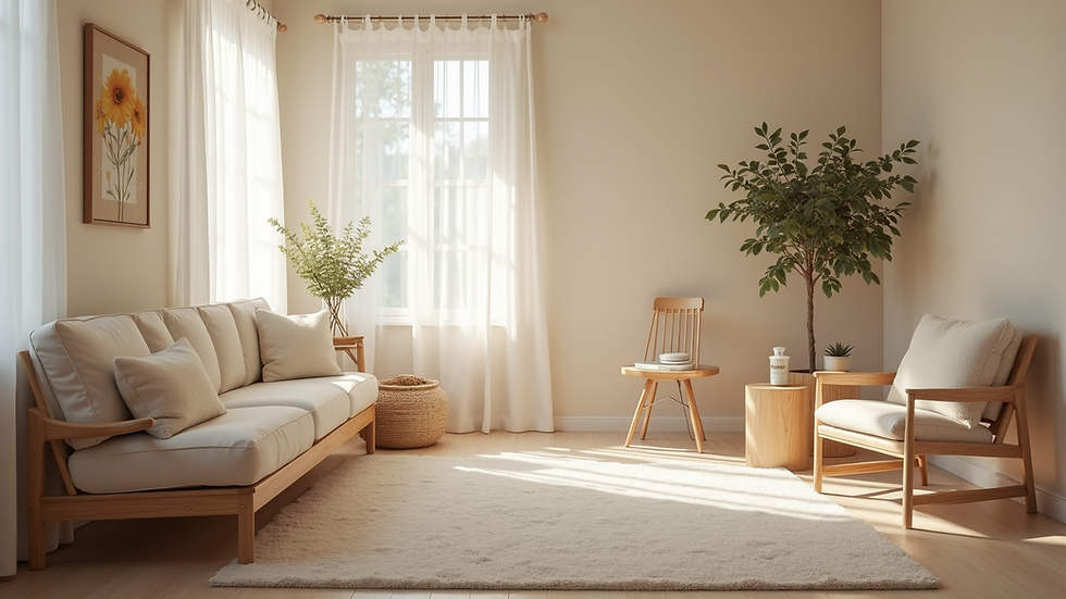 Eye-level view of a serene therapy room with comfortable seating and calming decor