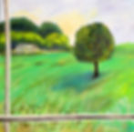 A lone tree in a green field with a cottage painting.