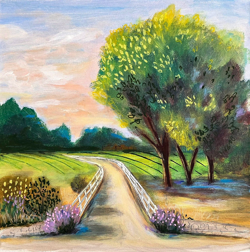 Painting title "The Pretty Driveway, acrylic and pen on canvas, 12 by 12 inches