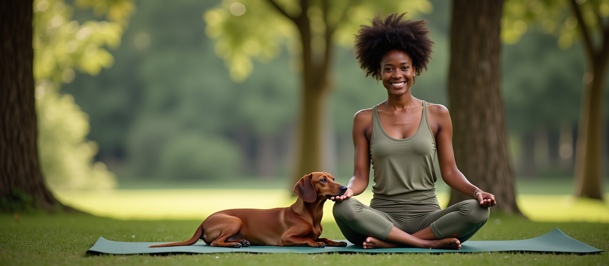Smiling woman sitting on ground with dog
