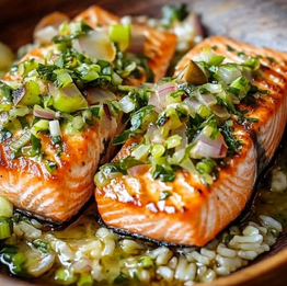 Miso Butter Salmon with Sizzled Scallion Salsa Verde
