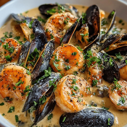 Shrimp and Mussels in Creamy Garlic Sauce