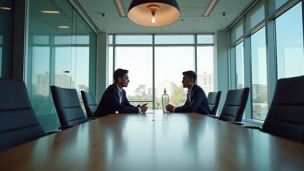 Eye-level view of a modern office meeting room with two people discussing business