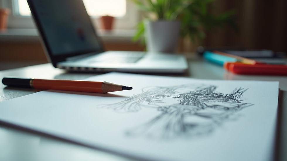 Close-up view of a designer’s desk with a laptop, sketchbook, and colorful markers