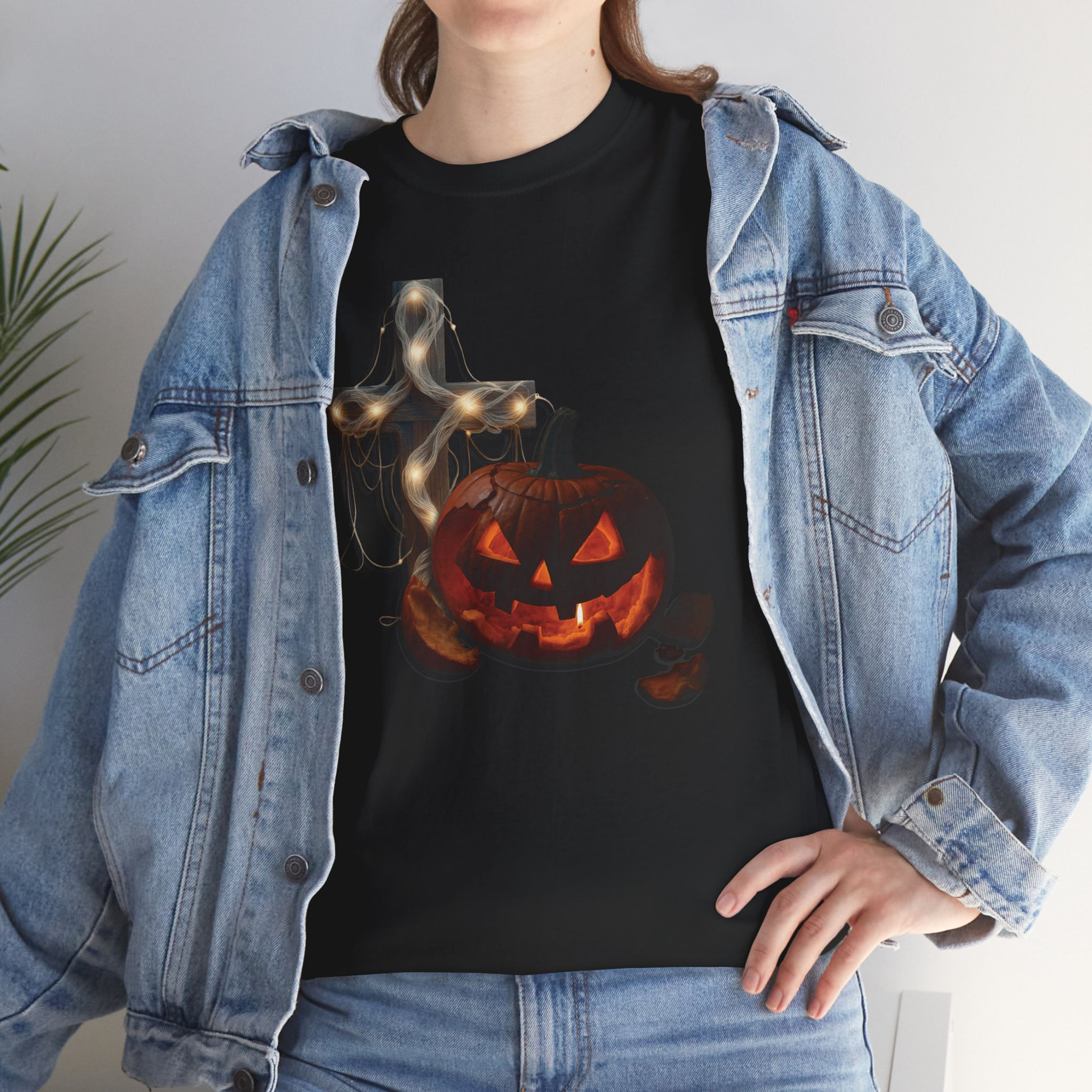 Halloween Pumpkin & Cross Unisex Tee, Spooky T-Shirt, Fall Apparel, Halloween