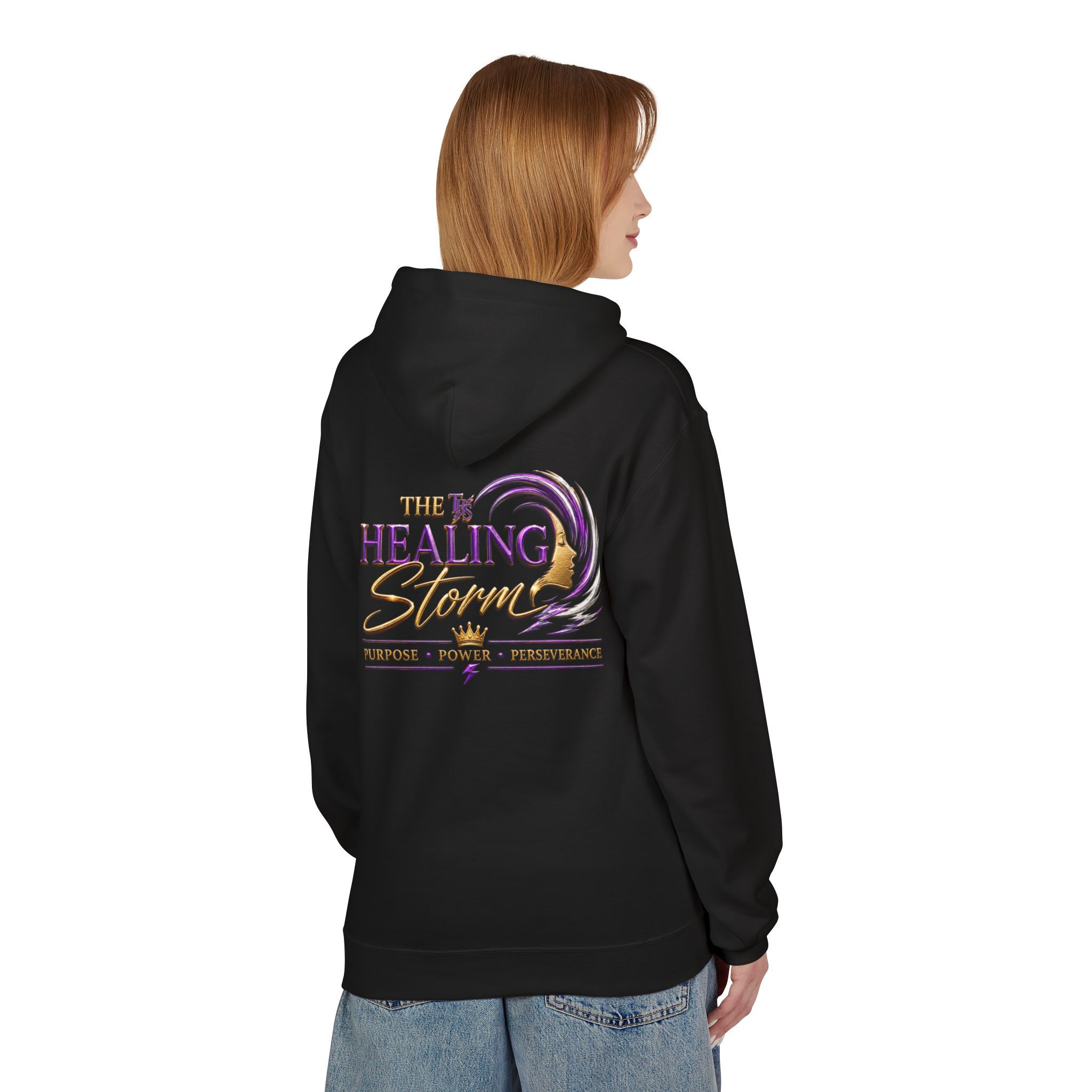 The Healing Storm Hoodie — Inspirational Pullover with THS Lightning Back Design