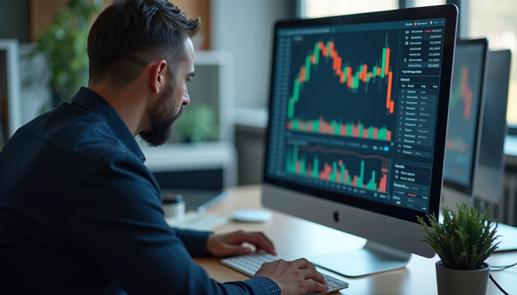 Eye-level view of a financial analyst examining economic charts on a computer screen