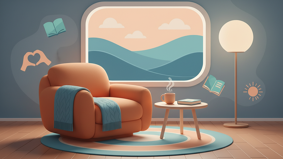 Eye-level view of a cozy living room with a comfortable armchair and soft lighting